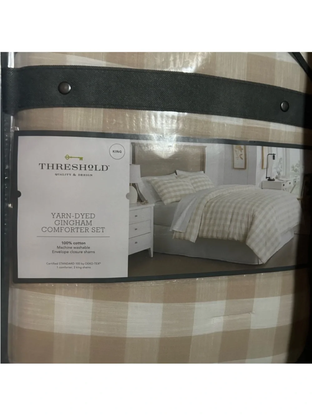 Threshold King Beige and White Gingham Comforter Set - All Season, Breathable